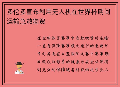 多伦多宣布利用无人机在世界杯期间运输急救物资