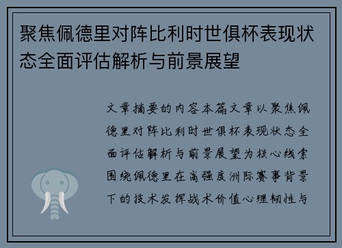 聚焦佩德里对阵比利时世俱杯表现状态全面评估解析与前景展望